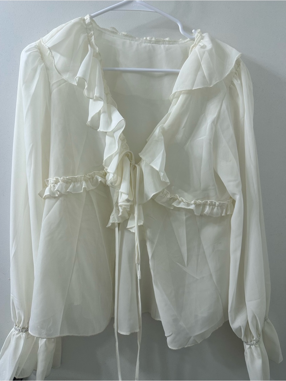 Amazon Cream Ruffle Front Tie Blouse - Picture 3 of 4